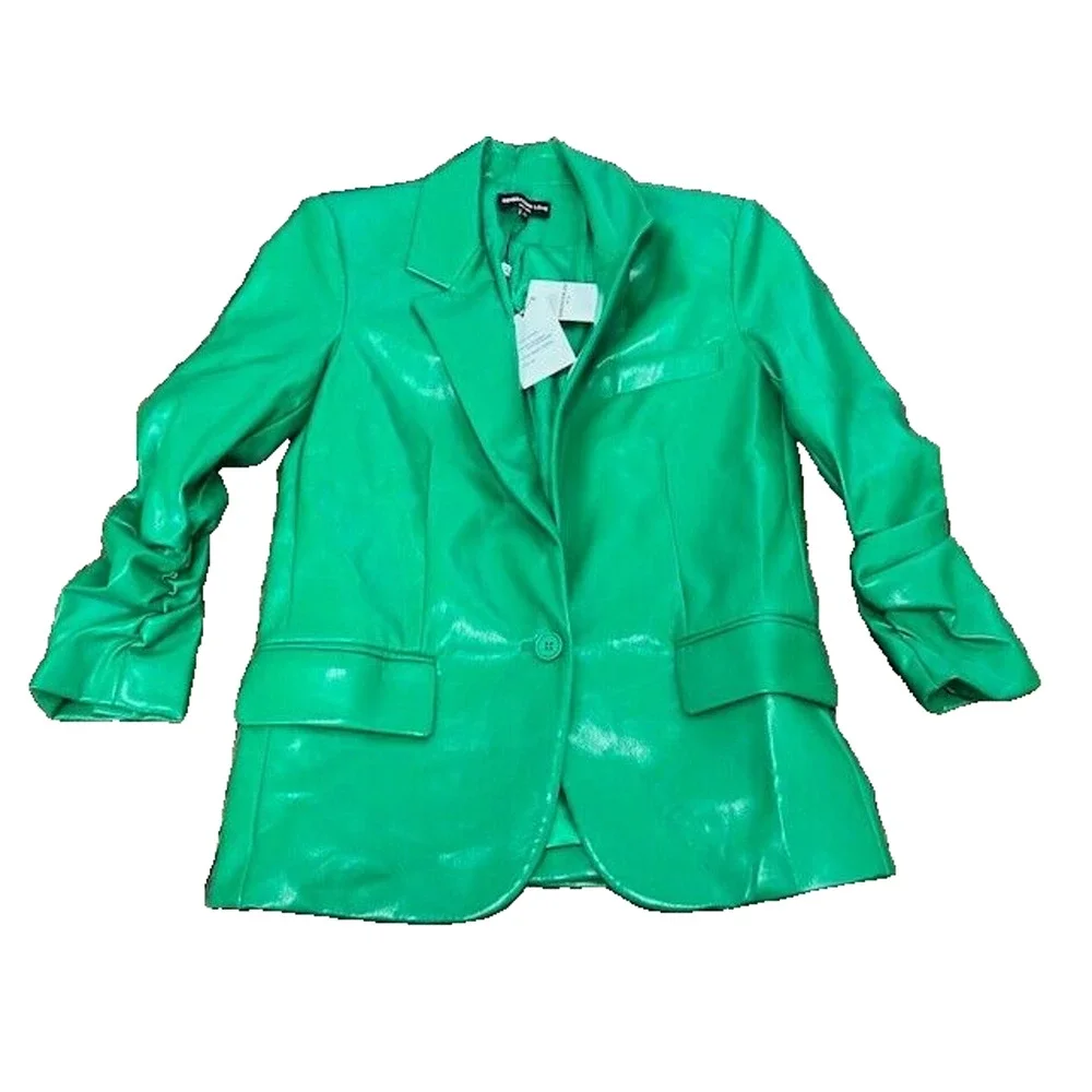 Generation Love Millie Vegan Leather Blazer Ruched Sleeves Notch Lapel Green XS‎